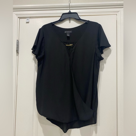 INC ladies black chiffon top Draped front Hi lo hem Cap flutter sleeve - Picture 1 of 8